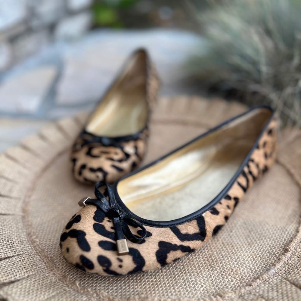 Vintage Coach Calf Hair Leopard Print Leather Ballet Flats Size 9.5 black bow